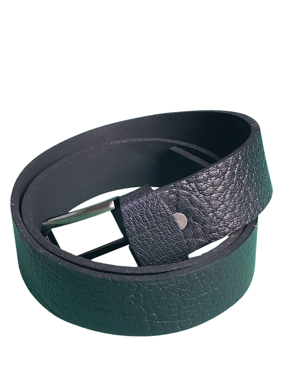 Black leather belt with a silver buckle on a white background