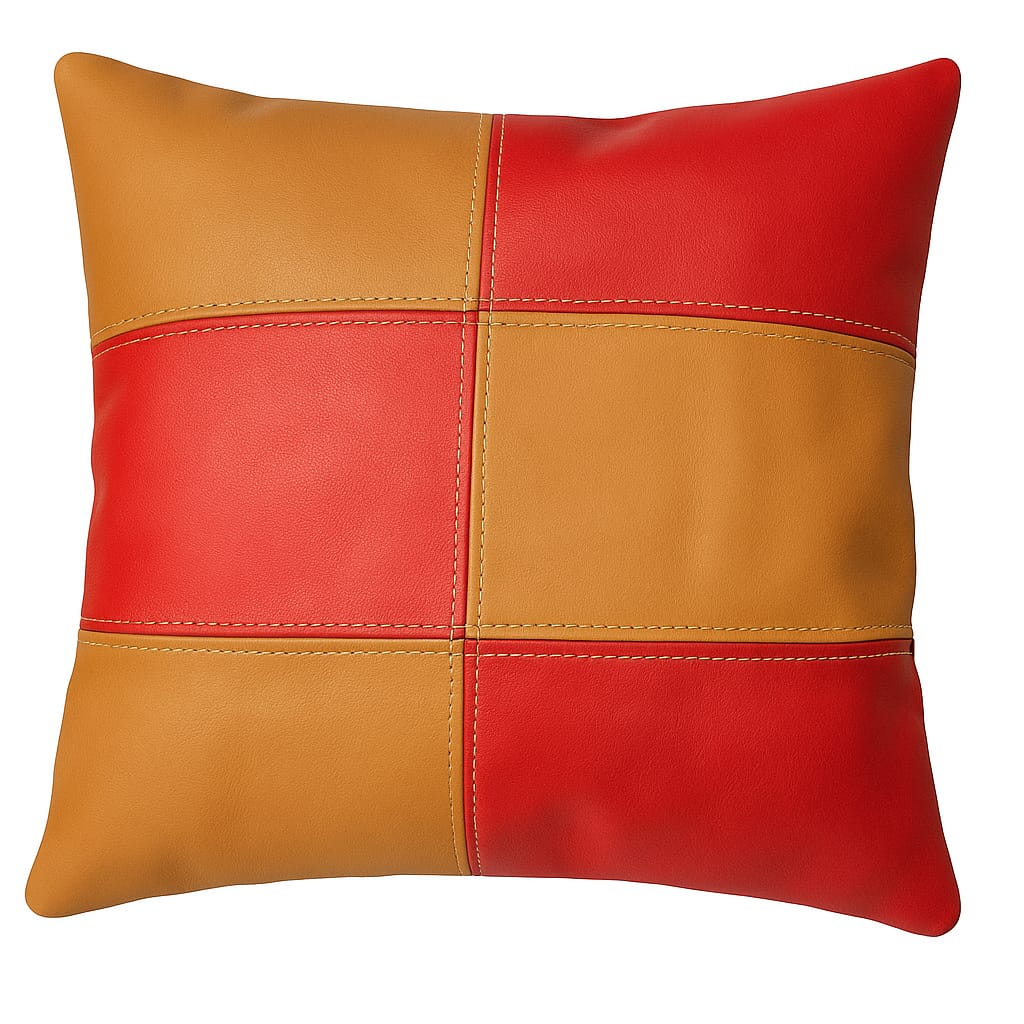 Color-blocked leather pillow with red and yellow sections