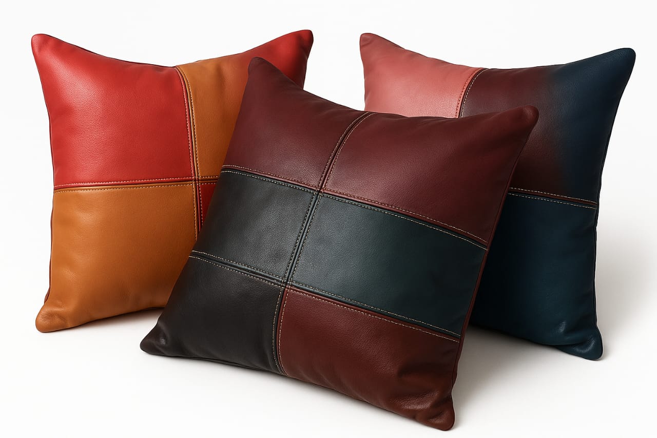 Four leather pillows with patchwork design in red, orange, brown, and blue on a white background.