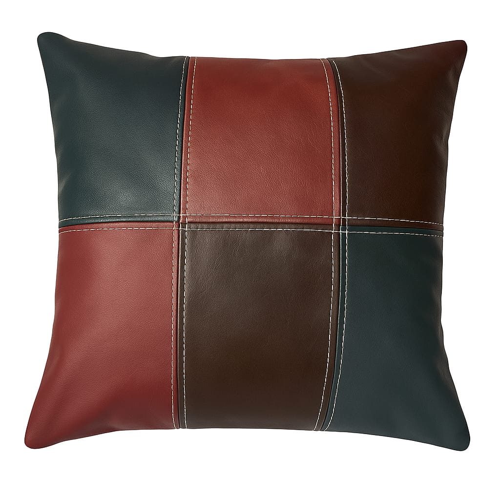 Patchwork leather pillow with brown, black, and red sections on a white background