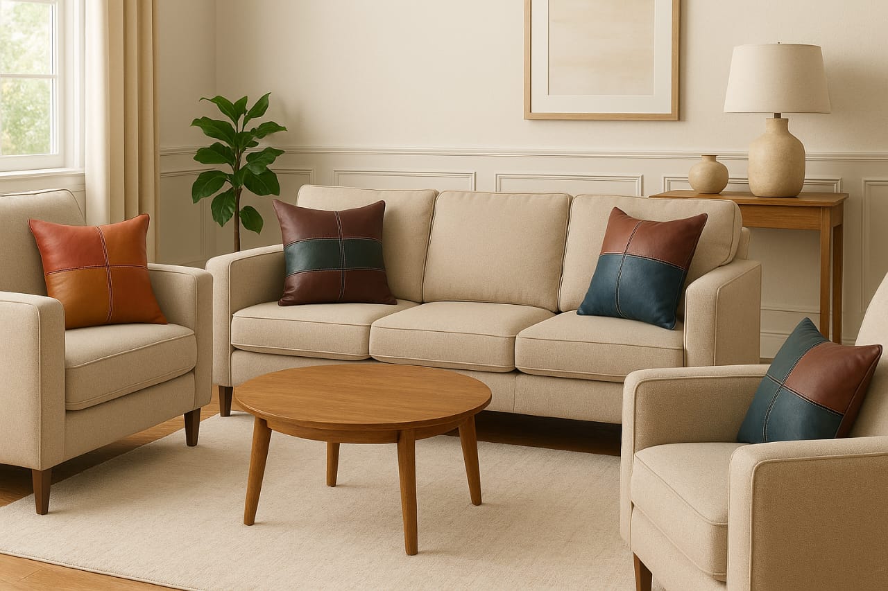 leather cushions in living room with beige sofa.