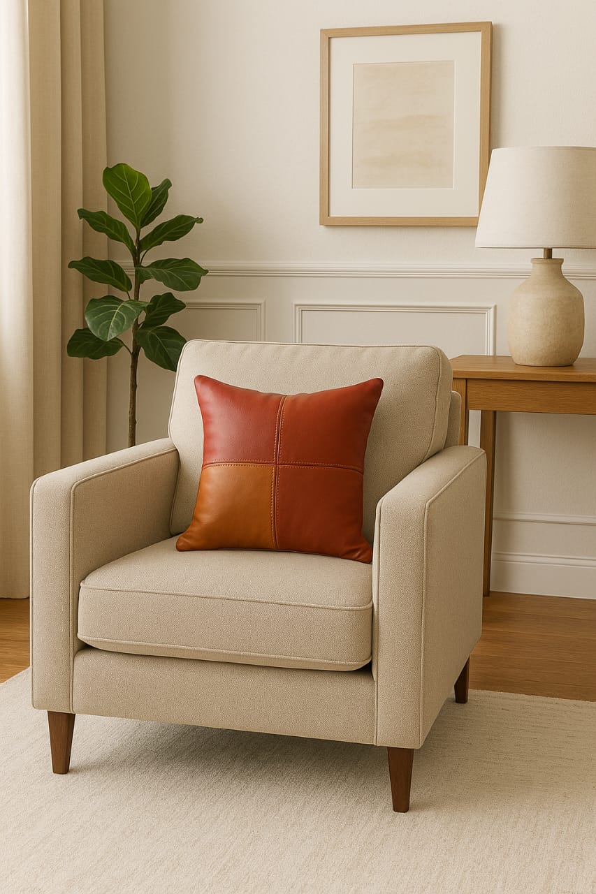Leather cushion on Beige sofa