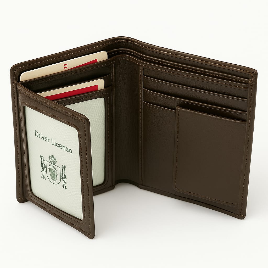 Brown leather wallet with card slots and a driver's license holder